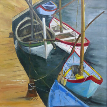 Huile sur toile "Barques à Bouzigues"